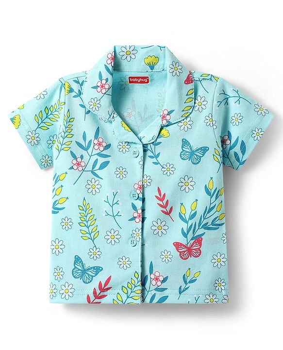 Babyhug Cotton Knit Half Sleeves Shorts Co-Ord Night Suit With Floral & Butterfly Print - Light Blue