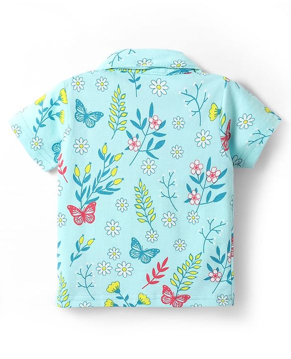 Babyhug Cotton Knit Half Sleeves Shorts Co-Ord Night Suit With Floral & Butterfly Print - Light Blue