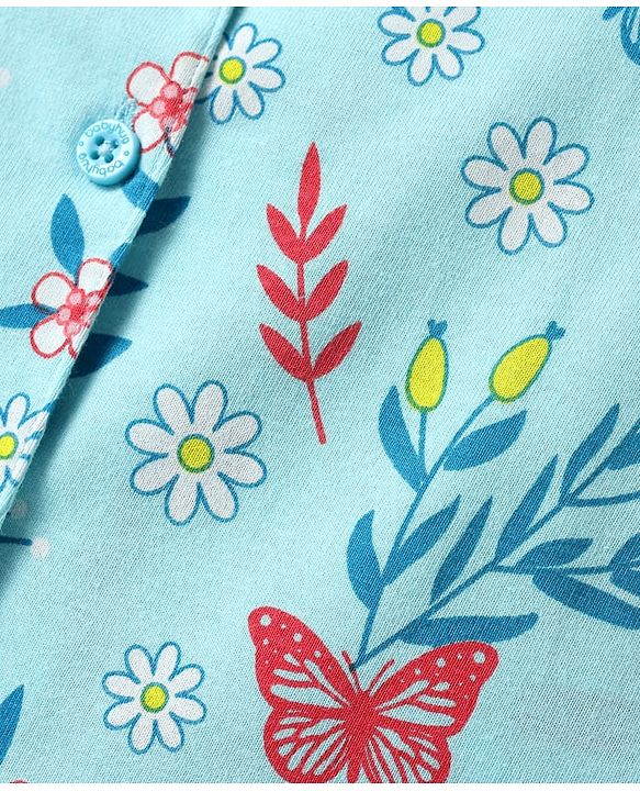 Babyhug Cotton Knit Half Sleeves Shorts Co-Ord Night Suit With Floral & Butterfly Print - Light Blue