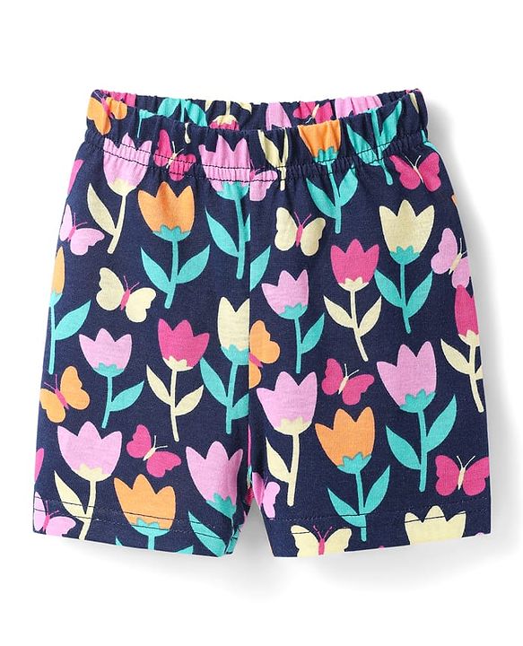 Babyhug Cotton Knit Half Sleeves Shorts Co-Ord Night Suit With Floral Print - Navy Blue