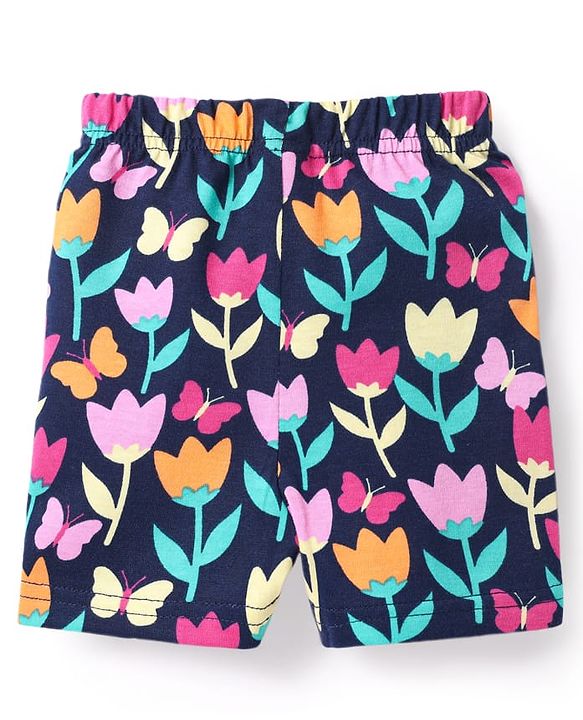 Babyhug Cotton Knit Half Sleeves Shorts Co-Ord Night Suit With Floral Print - Navy Blue