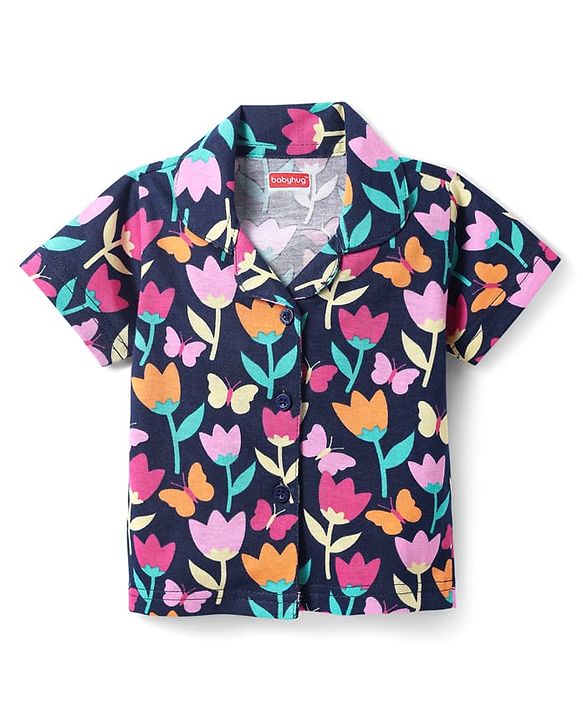 Babyhug Cotton Knit Half Sleeves Shorts Co-Ord Night Suit With Floral Print - Navy Blue