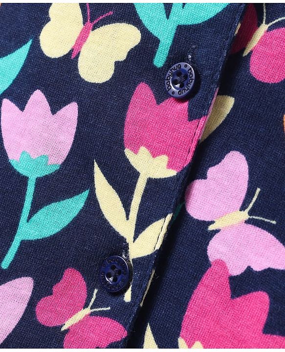 Babyhug Cotton Knit Half Sleeves Shorts Co-Ord Night Suit With Floral Print - Navy Blue
