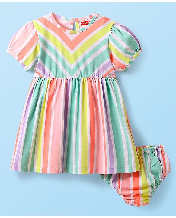 Babyhug Single Jersey Knit Half Puffed Sleeves Striped Frock with Bloomer - White