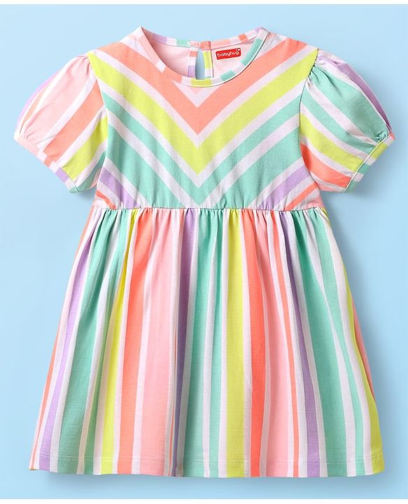 Babyhug Single Jersey Knit Half Puffed Sleeves Striped Frock with Bloomer - White