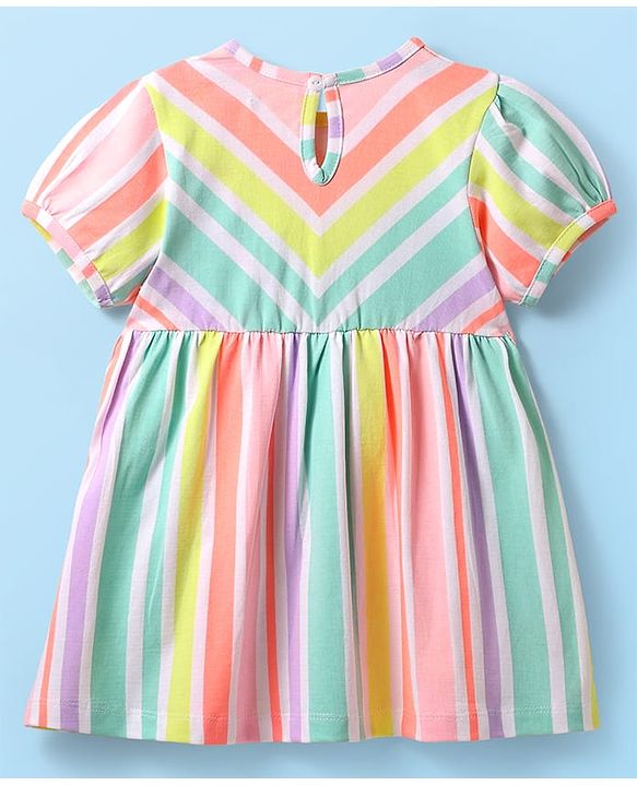 Babyhug Single Jersey Knit Half Puffed Sleeves Striped Frock with Bloomer - White
