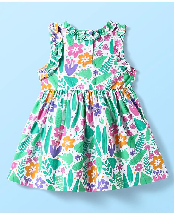 Babyhug Single Jersey Knit Sleeveless Floral Printed Frock With Bow Applique & Bloomer - Multicolor