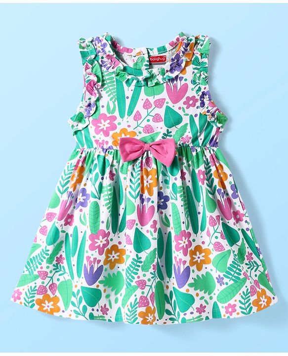 Babyhug Single Jersey Knit Sleeveless Floral Printed Frock With Bow Applique & Bloomer - Multicolor