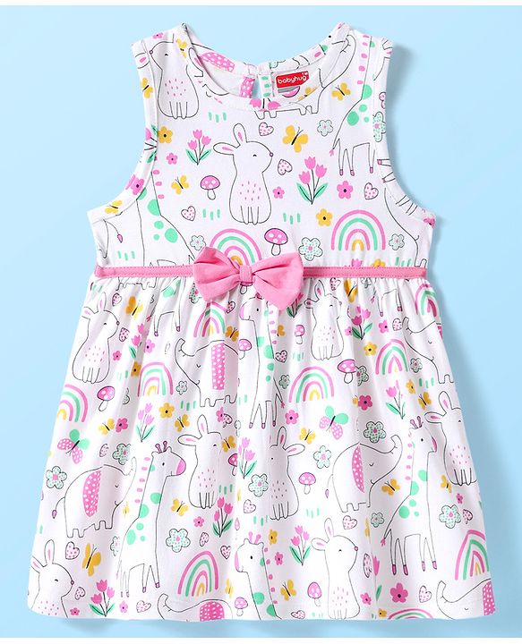 Babyhug Single Jersey Knit Sleeveless Floral & Animal Printed Frock With Bow Applique & Bloomer - White