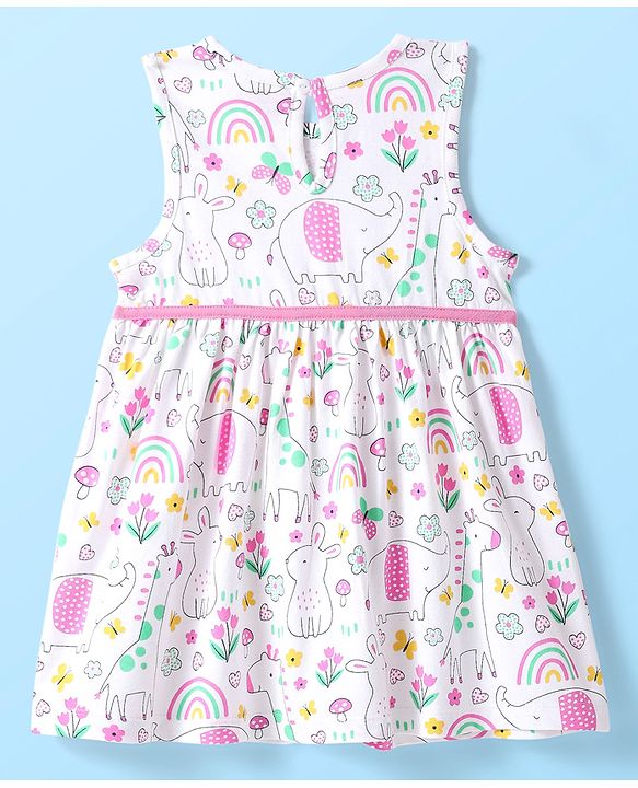 Babyhug Single Jersey Knit Sleeveless Floral & Animal Printed Frock With Bow Applique & Bloomer - White