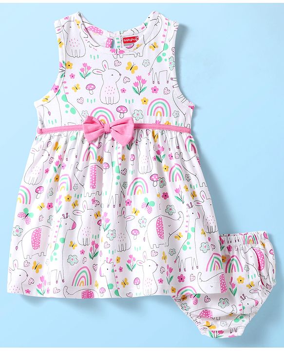 Babyhug Single Jersey Knit Sleeveless Floral & Animal Printed Frock With Bow Applique & Bloomer - White