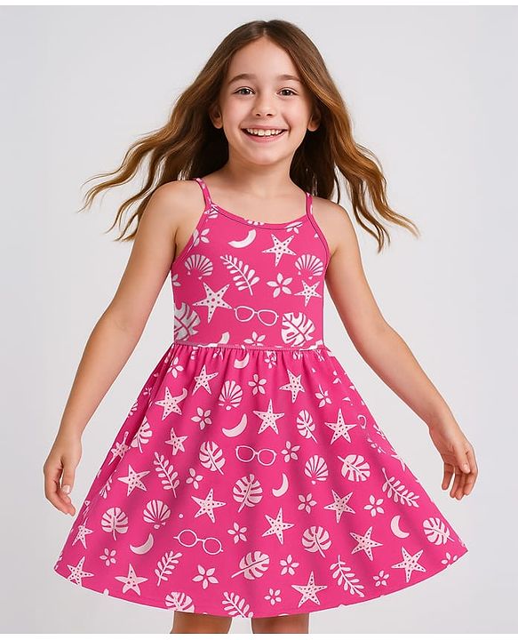 Pine Kids Cotton Knit Sleeveless Frock with Tropical Theme Print - Dark Pink