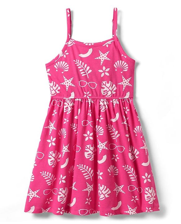 Pine Kids Cotton Knit Sleeveless Frock with Tropical Theme Print - Dark Pink