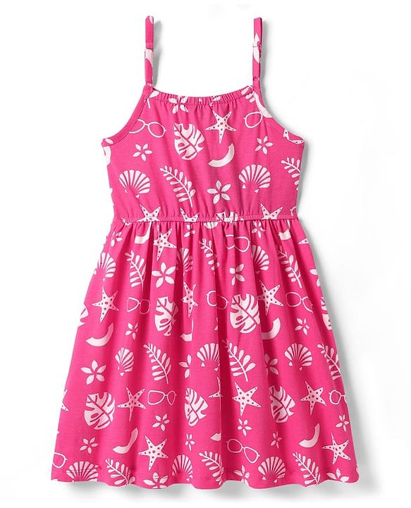 Pine Kids Cotton Knit Sleeveless Frock with Tropical Theme Print - Dark Pink
