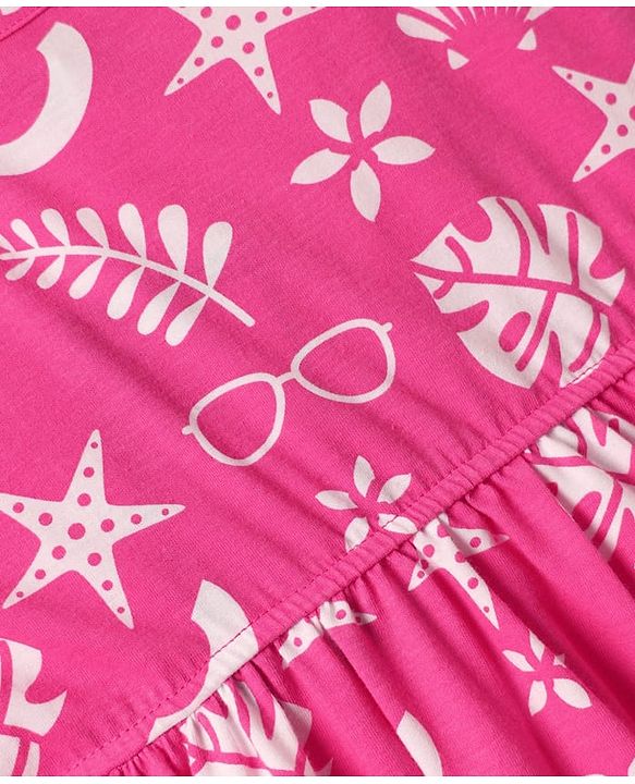 Pine Kids Cotton Knit Sleeveless Frock with Tropical Theme Print - Dark Pink