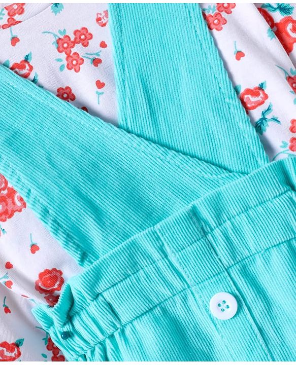 Babyhug Cotton Woven Frock & Full Peasant Sleeves Inner Tee with Floral Print - White & Aqua Blue