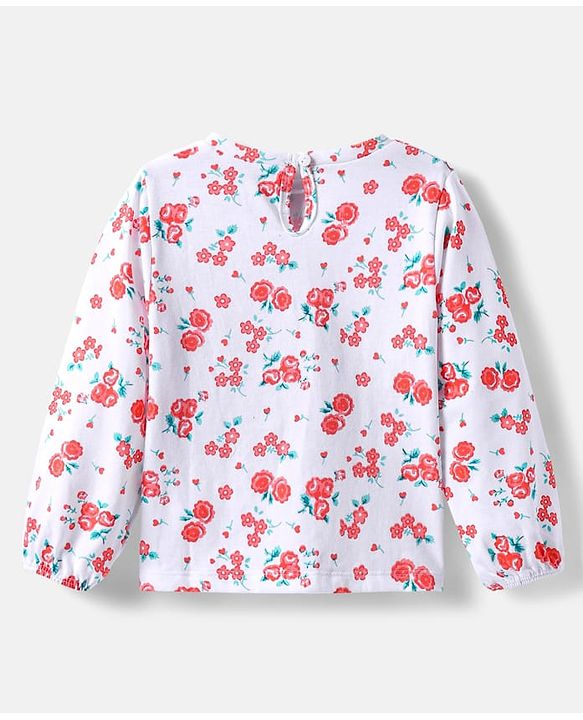 Babyhug Cotton Woven Frock & Full Peasant Sleeves Inner Tee with Floral Print - White & Aqua Blue