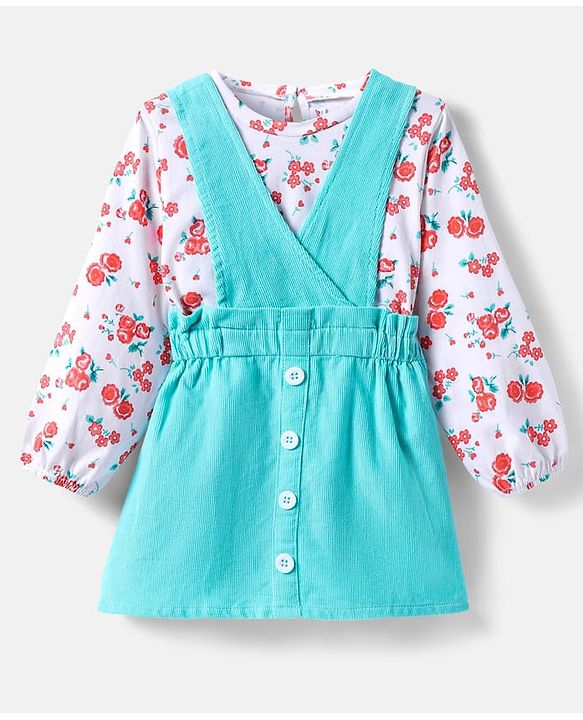 Babyhug Cotton Woven Frock & Full Peasant Sleeves Inner Tee with Floral Print - White & Aqua Blue