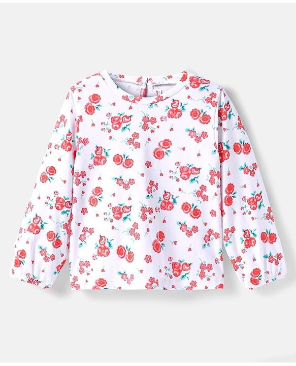Babyhug Cotton Woven Frock & Full Peasant Sleeves Inner Tee with Floral Print - White & Aqua Blue
