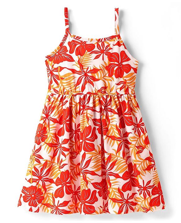 Pine Kids Cotton Knit Sleeveless Frock with Floral Print - Orange