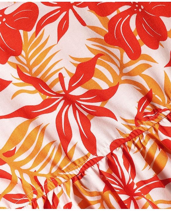 Pine Kids Cotton Knit Sleeveless Frock with Floral Print - Orange