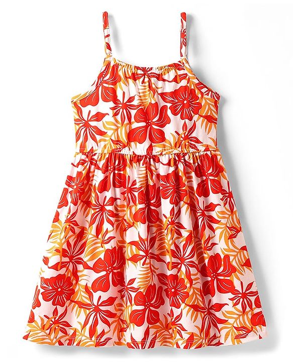 Pine Kids Cotton Knit Sleeveless Frock with Floral Print - Orange