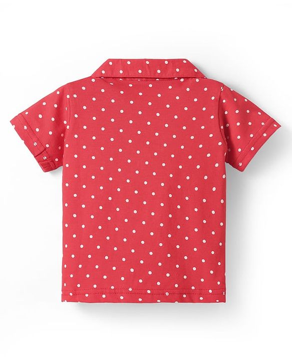 Babyhug Cotton Knit Half Sleeves Co-ords Front Open Night Suit with Polka Dots Print - Red