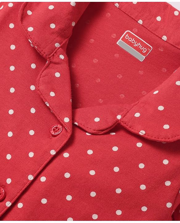Babyhug Cotton Knit Half Sleeves Co-ords Front Open Night Suit with Polka Dots Print - Red