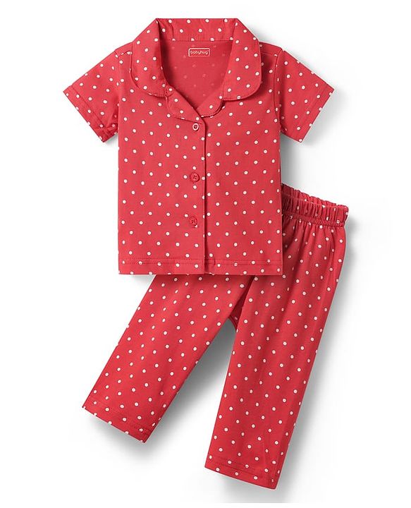 Babyhug Cotton Knit Half Sleeves Co-ords Front Open Night Suit with Polka Dots Print - Red