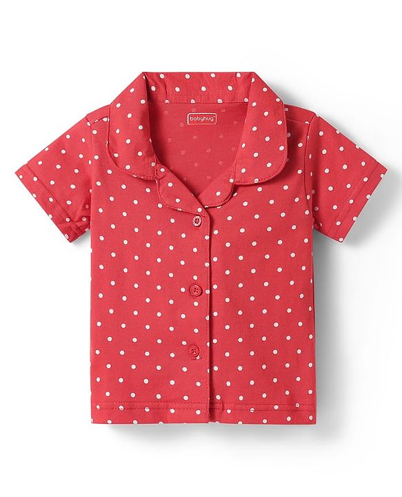 Babyhug Cotton Knit Half Sleeves Co-ords Front Open Night Suit with Polka Dots Print - Red