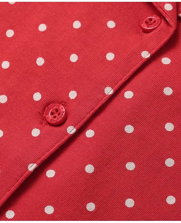 Babyhug Cotton Knit Half Sleeves Co-ords Front Open Night Suit with Polka Dots Print - Red