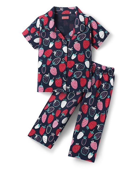 Babyhug Cotton Knit Half Sleeves Co-ords Front Open Night Suit with Strawberry Print - Navy Blue