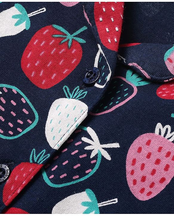 Babyhug Cotton Knit Half Sleeves Co-ords Front Open Night Suit with Strawberry Print - Navy Blue