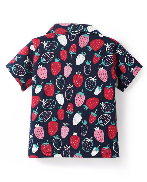Babyhug Cotton Knit Half Sleeves Co-ords Front Open Night Suit with Strawberry Print - Navy Blue