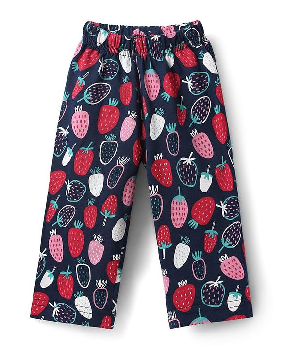 Babyhug Cotton Knit Half Sleeves Co-ords Front Open Night Suit with Strawberry Print - Navy Blue