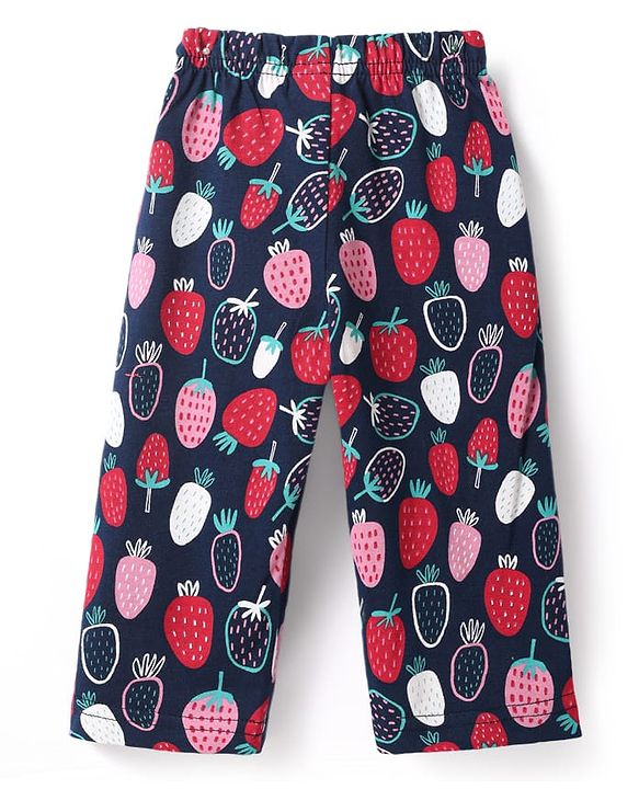 Babyhug Cotton Knit Half Sleeves Co-ords Front Open Night Suit with Strawberry Print - Navy Blue