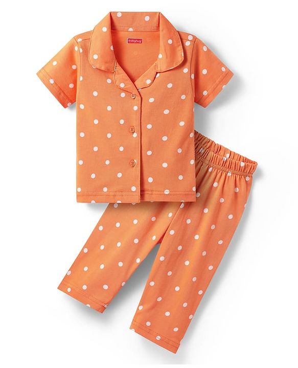 Babyhug Cotton Knit Half Sleeves Co-ords Front Open Night Suit with Polka Dots Print - Orange