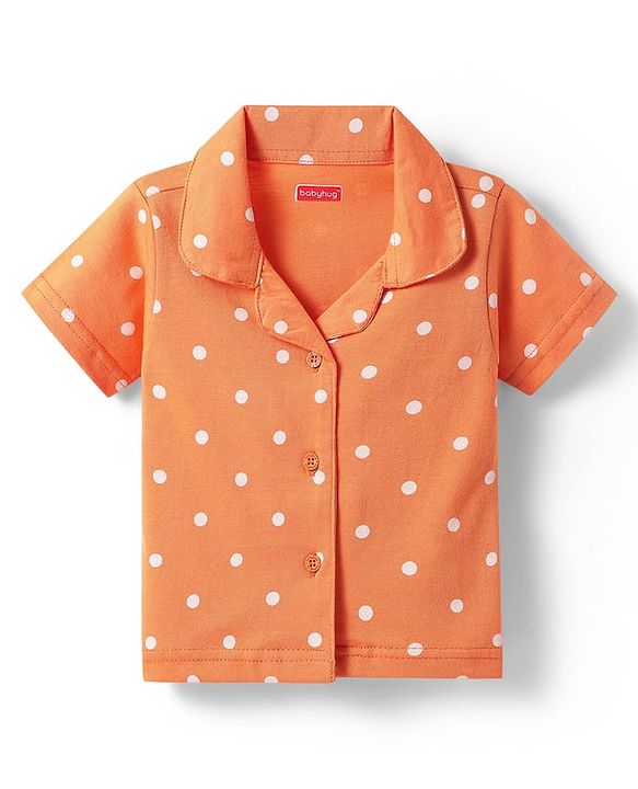 Babyhug Cotton Knit Half Sleeves Co-ords Front Open Night Suit with Polka Dots Print - Orange