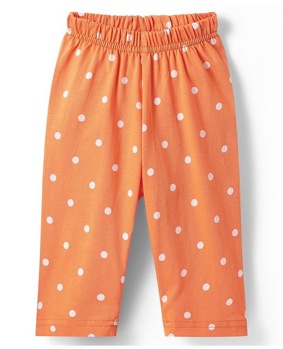 Babyhug Cotton Knit Half Sleeves Co-ords Front Open Night Suit with Polka Dots Print - Orange