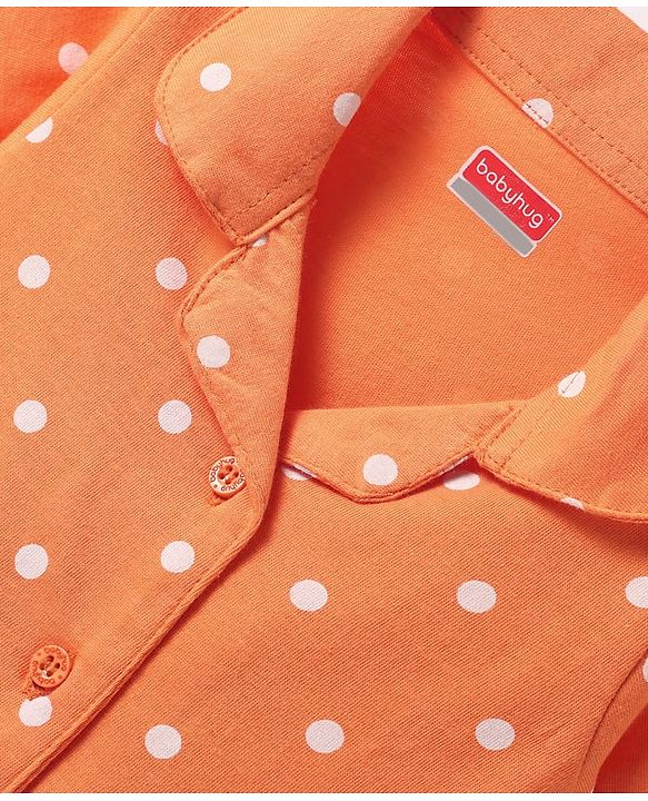 Babyhug Cotton Knit Half Sleeves Co-ords Front Open Night Suit with Polka Dots Print - Orange