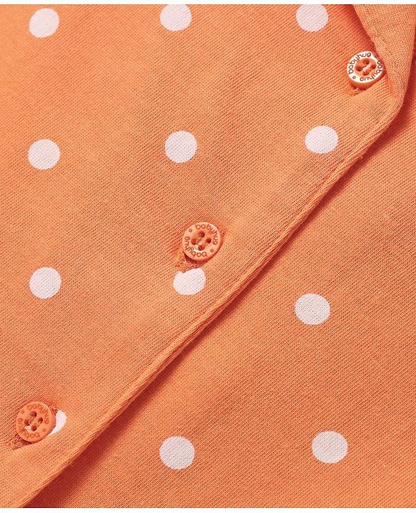 Babyhug Cotton Knit Half Sleeves Co-ords Front Open Night Suit with Polka Dots Print - Orange