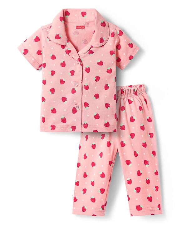 Babyhug Cotton Knit Half Sleeves Co-ords Front Open Night Suit with Polka Dots & Strawberry Print - Pink