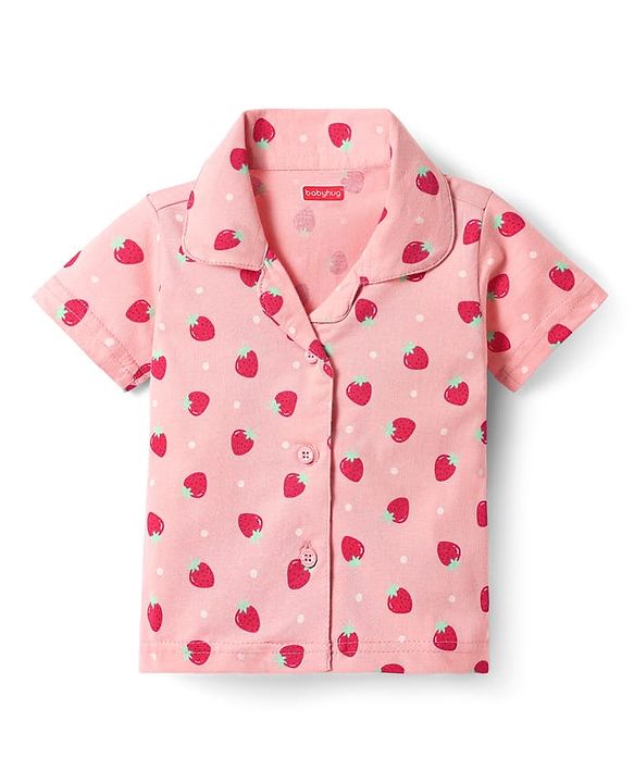 Babyhug Cotton Knit Half Sleeves Co-ords Front Open Night Suit with Polka Dots & Strawberry Print - Pink