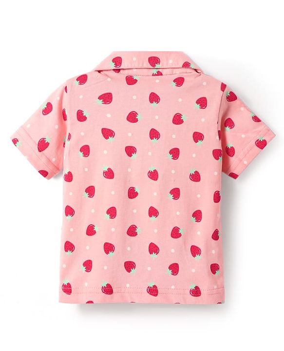 Babyhug Cotton Knit Half Sleeves Co-ords Front Open Night Suit with Polka Dots & Strawberry Print - Pink