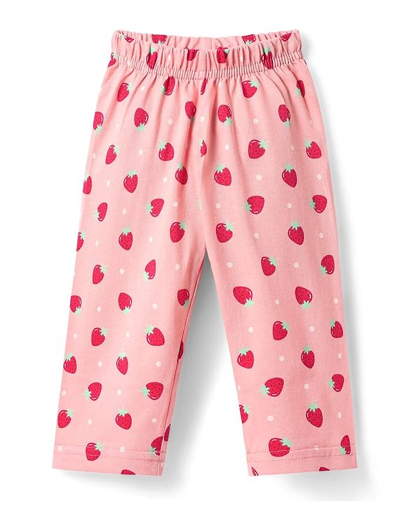 Babyhug Cotton Knit Half Sleeves Co-ords Front Open Night Suit with Polka Dots & Strawberry Print - Pink