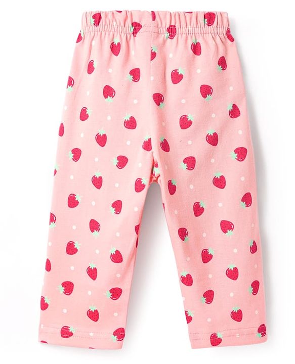 Babyhug Cotton Knit Half Sleeves Co-ords Front Open Night Suit with Polka Dots & Strawberry Print - Pink