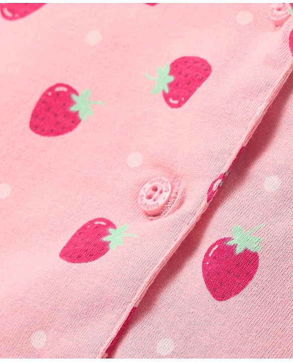 Babyhug Cotton Knit Half Sleeves Co-ords Front Open Night Suit with Polka Dots & Strawberry Print - Pink