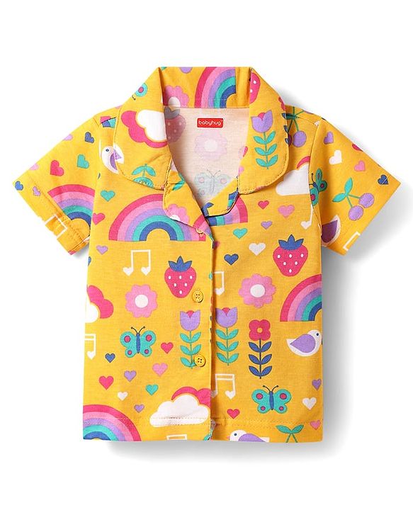 Babyhug Cotton Knit Half Sleeves Co-ords Front Open Night Suit with Tropical Theme Print - Yellow