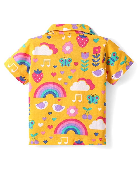 Babyhug Cotton Knit Half Sleeves Co-ords Front Open Night Suit with Tropical Theme Print - Yellow