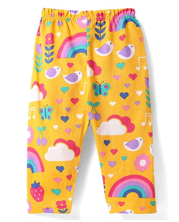Babyhug Cotton Knit Half Sleeves Co-ords Front Open Night Suit with Tropical Theme Print - Yellow